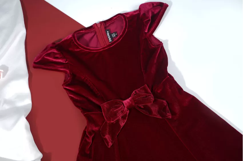 Deep Red Velvet Dress For Baby Girl