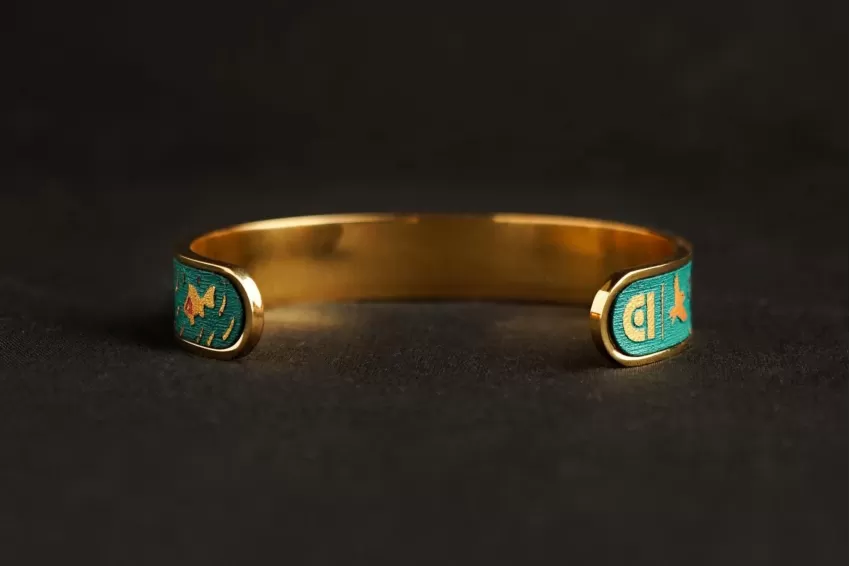 “Cầm” Metal Cuff Bracelet with Hand-painted Leather, Four Arts Collection