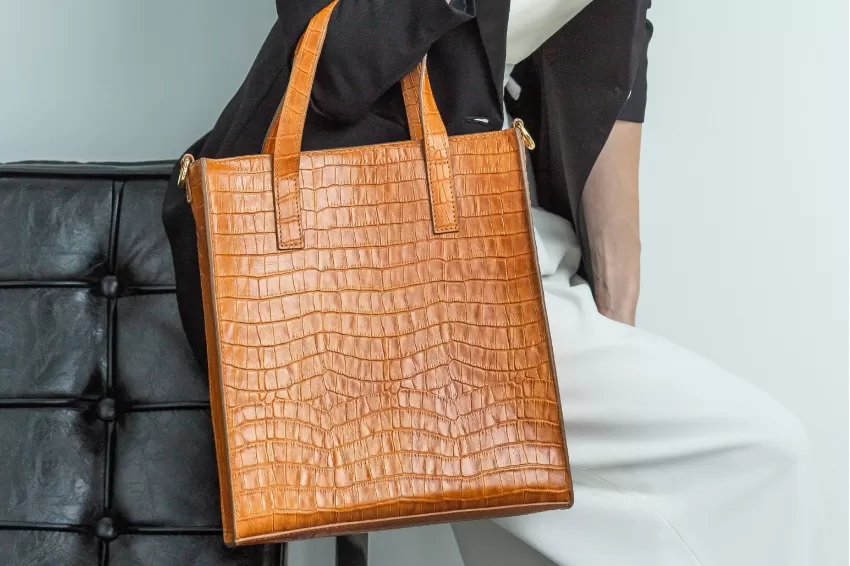 Brown Lily Bag, Crocodile Embossed Leather Bag, Beautiful Embossed Crocodile Pattern, Sturdy Angular Design, Elegant And Stylish