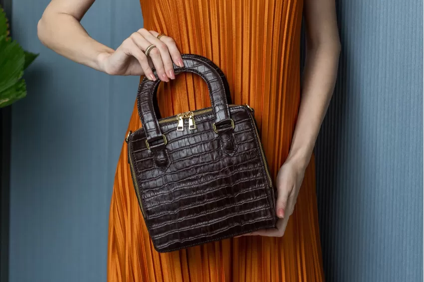 Dark Brown Maya Square Crocodile Embossed Leather Bag, Vertical Standing Leather Bag, Spacious Enough For A Laptop