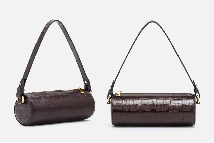 Dark Brown Romelo Bag, Crocodile Embossed Leather Bag With Leather Wallet, Cylindrical Eye-Catching Bag, Modern And Elegant Style