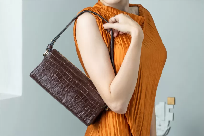 Dark Brown Cindy Crocodile Embossed Leather Bag & Leather Wallet Set, Contemporary Design, Minimalist And Elegant Style