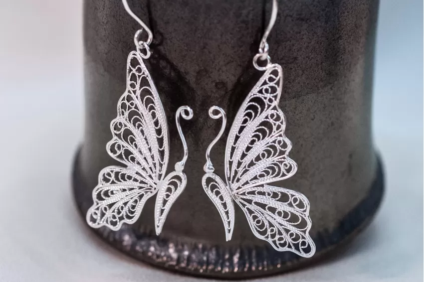 Butterfly Silver Earrings, Exquisite Lines, Traditional Silver Thread Crafting Technique, Elegant Style, Unique Patterns