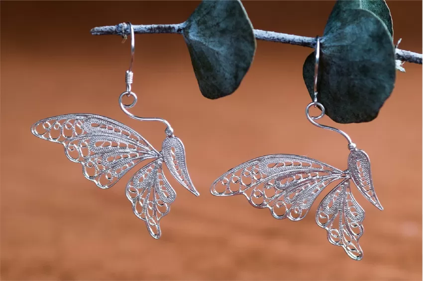 Butterfly Silver Earrings, Exquisite Lines, Traditional Silver Thread Crafting Technique, Elegant Style, Unique Patterns