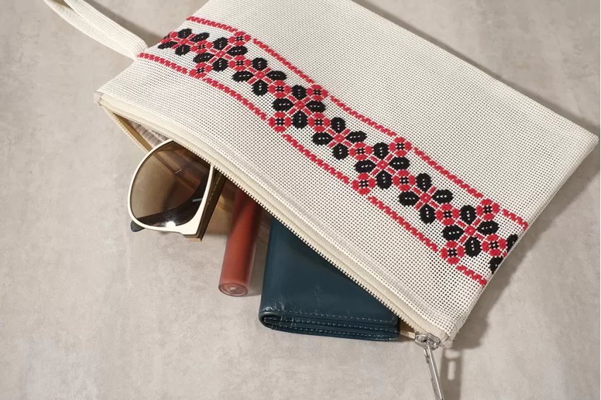 White Clutch With Embroidered Petals, Fashionable Clutch Design, Durable Textilene Material, Embroidered Flower Wings Pattern