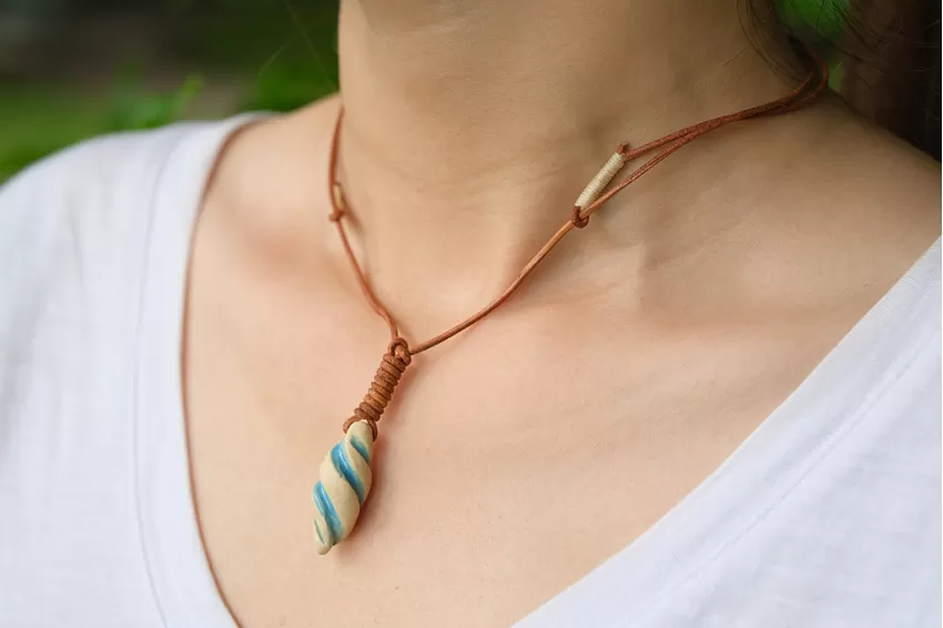 “Tranquil” Necklace, Seashell Pendant, Ceramic Material, Dark Brown Leather Cord, Vintage Style, Unique And Innovative Design