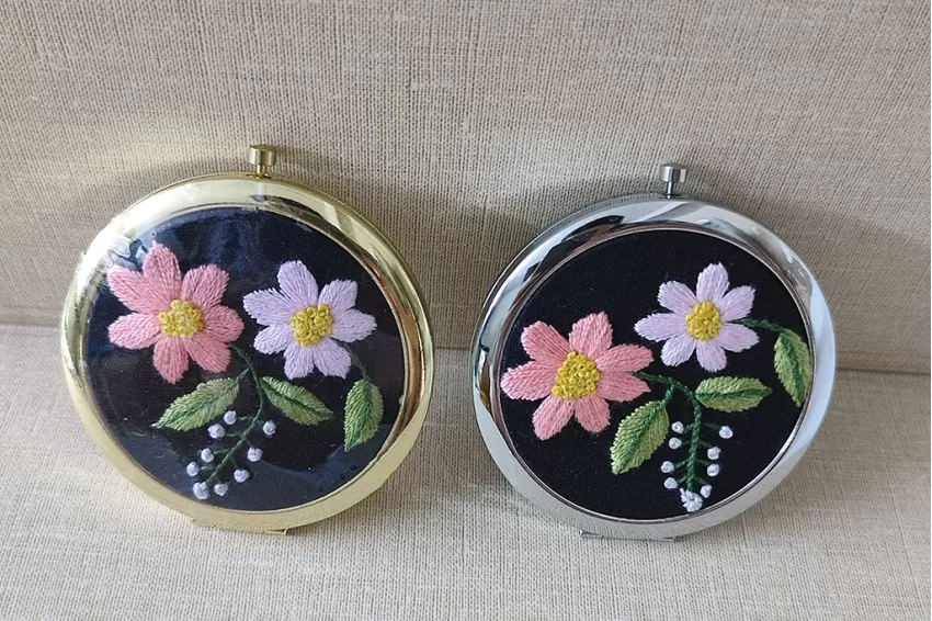 Purple Flowers Embroidered Compact Mirror, Handcrafted Product, Exquisite Hand Embroidery, Compact and Sturdy, Feminine Accent