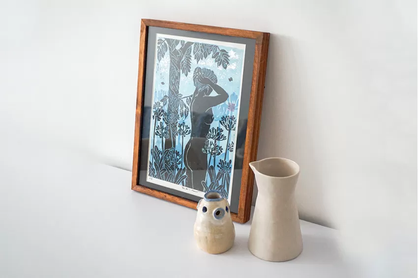 [Limited] Blue Linocut Print In Wooden Frame