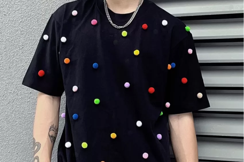 Colorful Dots Handmade Pattern Cotton T-Shirt, Plain T-Shirt, Round Embroidered Flower T-Shirt, Short-Sleeve Patterned T-Shirt