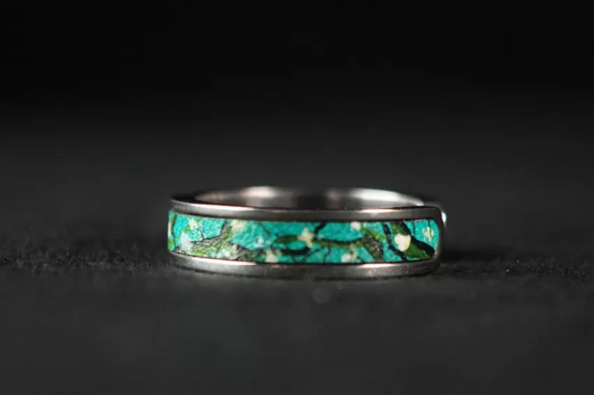 Almond Blossoms Ring with Hand-painted Leather, Silver Color, Leather Ring Arts Collection, Genuine Leather Accessory, Van Gogh Pattern, Handmade