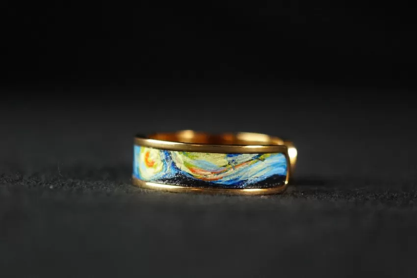 Starry Night Ring with Hand-painted Leather, Gold Color, Leather Ring Arts Collection, Artistic Accessory, Genuine Leather Accessory, Van Gogh Pattern