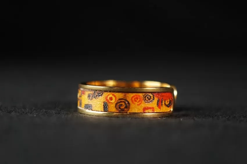 "The Kiss" Hand-painted Leather Ring, Gold Color, Leather Ring Arts Collection, Gustav Klimt Inspired Accessory, Unique Gift, Stylish Gift