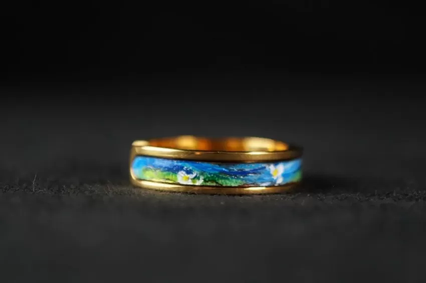 "Water Lilies" Ring, Gold Color, Leather Ring Arts Collection, Hand-Painted Leather Ring, Monet Inspired Ring, Gift For Art Lovers