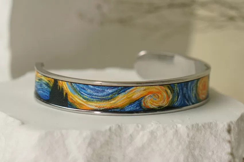 Starry Night Metal Cuff Bracelet With Hand-painted Leather, Leather Bracelet Arts Collection, Genuine Leather Accessory, Van Gogh Pattern