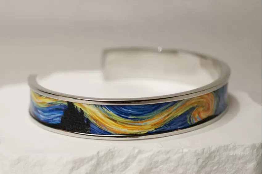 Starry Night Metal Cuff Bracelet With Hand-painted Leather, Leather Bracelet Arts Collection, Genuine Leather Accessory, Van Gogh Pattern