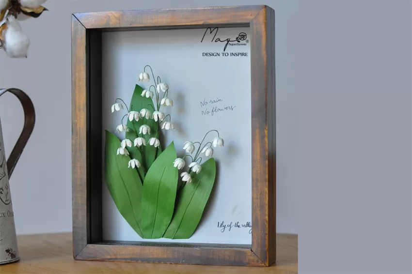 Paper Flower Painting, Lily of the Valley MAYPAPERFLOWER Wooden Frame of 20 x 25cm, Interior Decoration, Handmade Gifts, Personalized Gifts