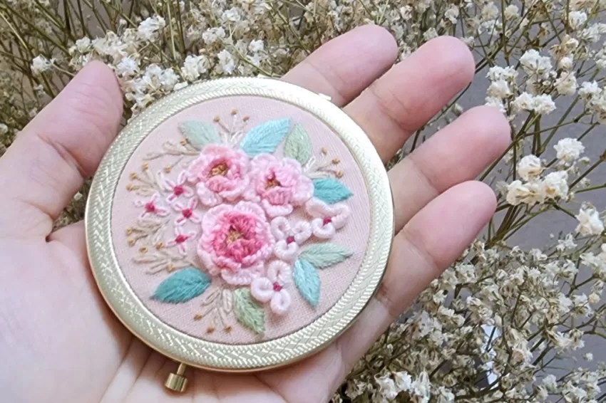 Rose Hand Embroidered Mirror, Lovely Rose Patterns, Sweet and Feminine Pink Color, Elegant, Compact Handheld Mirror