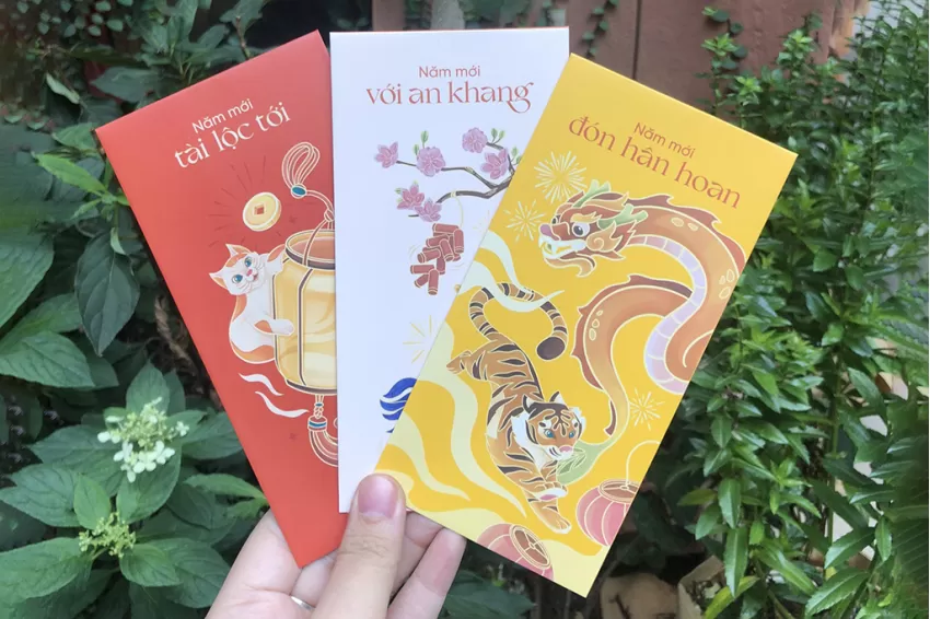 “Năm Mới", A Set Of 6 Red Envelopes With A Creative And Unique Design, Eye-catching Colors, Vietnamese Tradition, Conveying Good Wishes