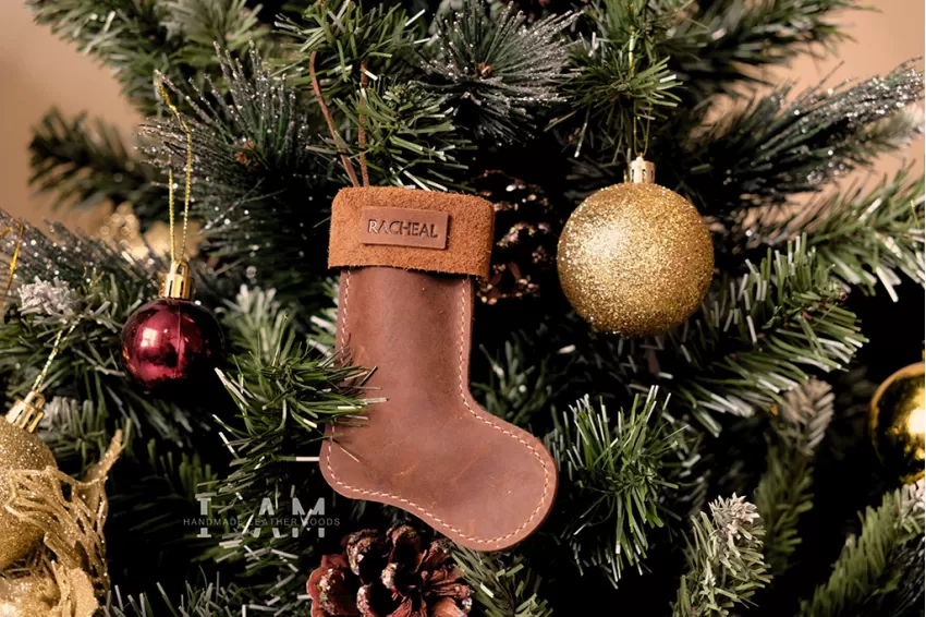 Mini Personalized Leather Christmas Stocking, Made Of Genuine Cow Leather, Christmas Decorative Accessories, Christmas Tree Decoration, Personalized Gifts