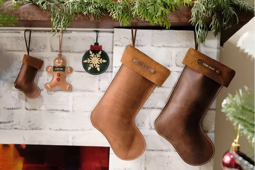 Personalized Leather Christmas Stockings, Made Of Genuine Cow Leather, Christmas Decorative Accessories, Christmas Tree Decoration, Personalized Gifts