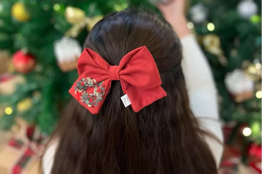 Wrealth Embroidered Linen Bow Hair Tie,  Striking Red Tone, Attracts Every Gaze, Perfect For Christmas Photoshoots