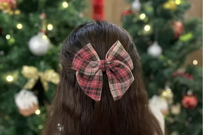 Christmas Red Plaided Embroidered Linen Bow Hair Tie, Adorable Caro Pattern, Sweet And Lovely Colors, Timeless Caro Design