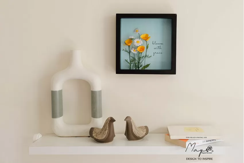 Handmade Paper Flower Painting - Poppy California MAYPAPERFLOWER With 25x25cm Wooden Frame, Interior Decoration, Handmade Gifts, Personalized Gifts, Corporate Gift