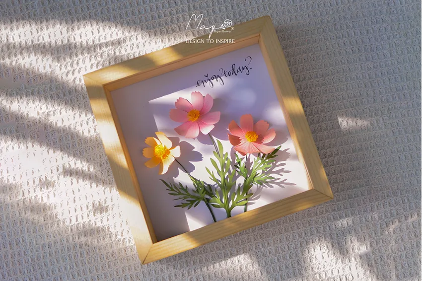 Handmade Paper Flower Painting - Garden Cosmos MAYPAPERFLOWER 19 x 19cm Wooden Frame, Corporate Gift