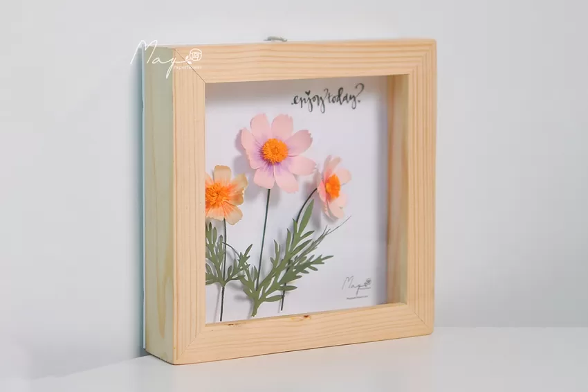 Handmade Paper Flower Painting - Garden Cosmos MAYPAPERFLOWER 19 x 19cm Wooden Frame