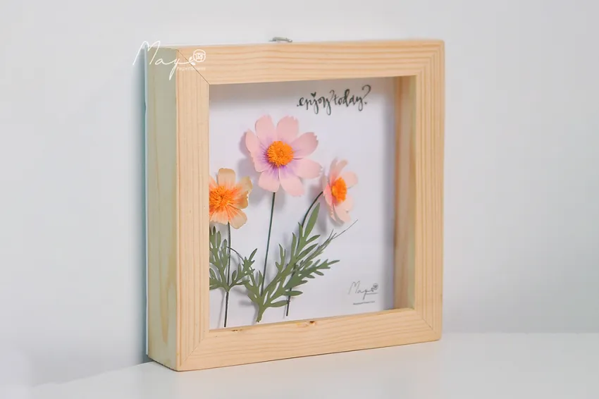 Handmade Paper Flower Painting - Garden Cosmos MAYPAPERFLOWER 19 x 19cm Wooden Frame, Corporate Gift