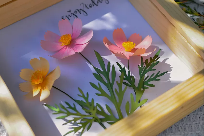 Handmade Paper Flower Painting - Garden Cosmos MAYPAPERFLOWER 19 x 19cm Wooden Frame