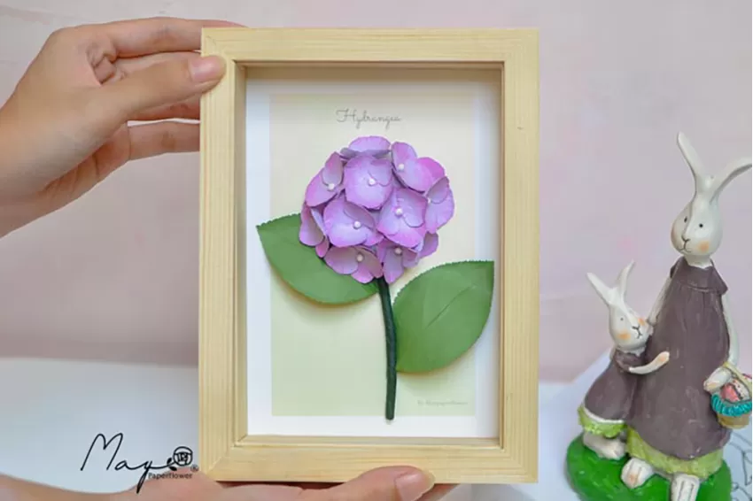 Handmade Paper Flower Painting, Hydrangea MAYPAPERFLOWER Wooden Frame of 15 x 20cm