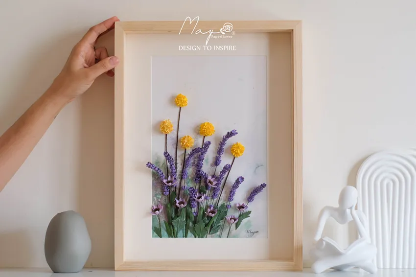 Tranh Hoa Giấy Handmade Trang Trí - Lavender Field MAYPAPERFLOWER Khung Tranh Gỗ Size 30x40cm, Quà Tặng Doanh Nghiệp