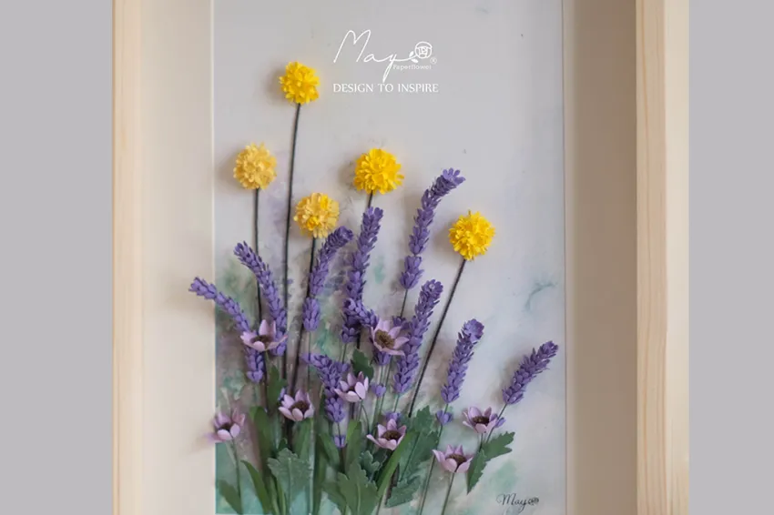 Tranh Hoa Giấy Handmade Trang Trí - Lavender Field MAYPAPERFLOWER Khung Tranh Gỗ Size 30x40cm, Quà Tặng Doanh Nghiệp