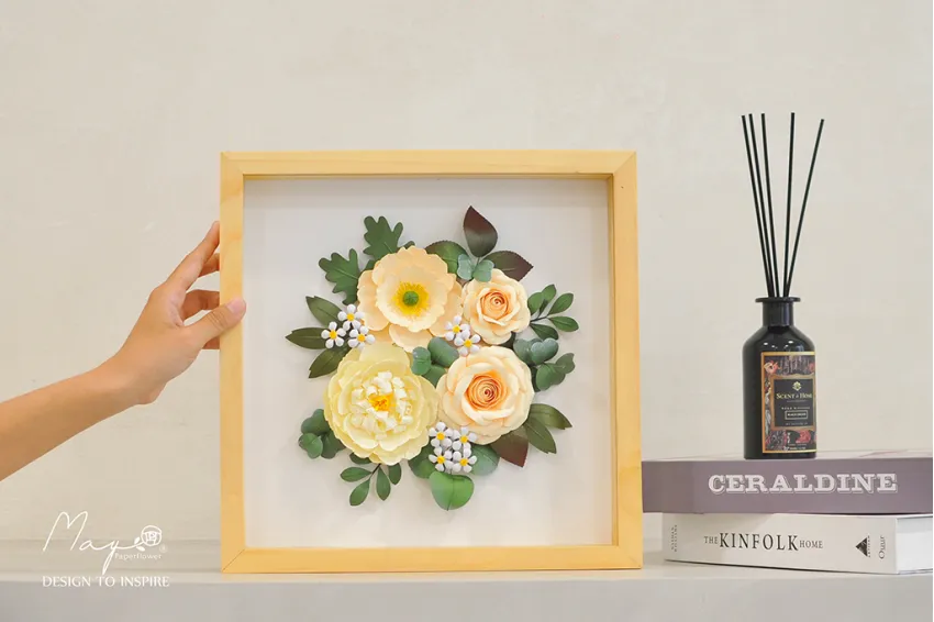 Tranh Hoa Giấy Handmade Trang Trí - Nắng Mùa Đông MAYPAPERFLOWER Khung Gỗ Size 33x33cm, Quà Tặng Doanh Nghiệp