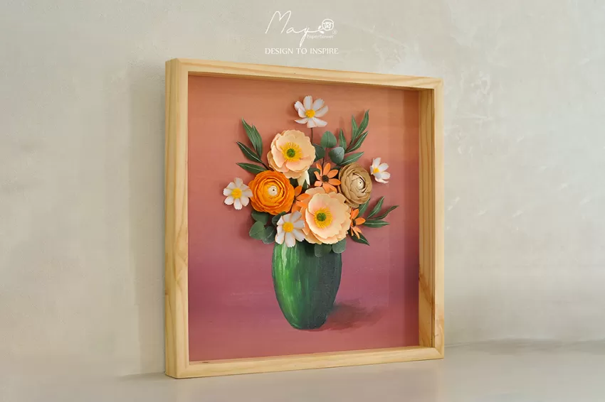 Handmade Paper Flower Painting - Spring Vase MAYPAPERFLOWER With 40x40cm Wooden Frame