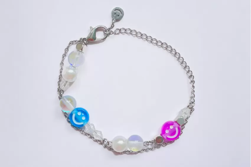 Colorful Bracelet Style Extreme 03, Smile Away Collection, White Bead Embellishments, Multi-Colored Smiley Face Charms, Energetic Style