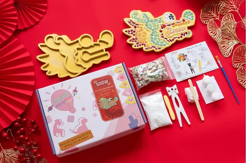 [Tet Collection] Wood Lighten Dragon, DIY Mosaic Kit For Kids, Enhances Artistic and Creative Skills, Safe Material, Gift for Children