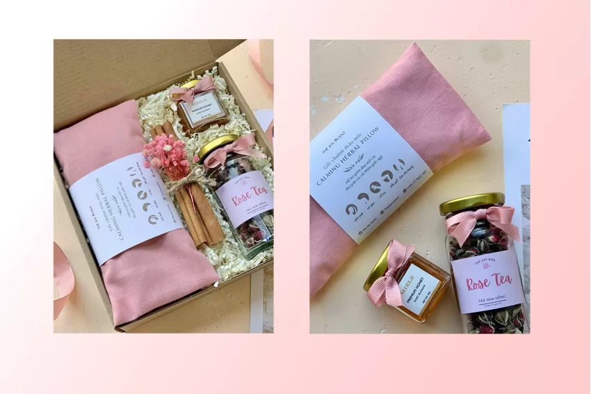 Wholesome Blossom, Women's Day Gift Ideas, Women's Wellness Gift, Natural Stress Relief Gifts, Relaxation Gift Set, Self-Care Box, Calming Herbal Pillow, Relaxing Rose Tea, Suvet Blossom Honey, Beautifully Box