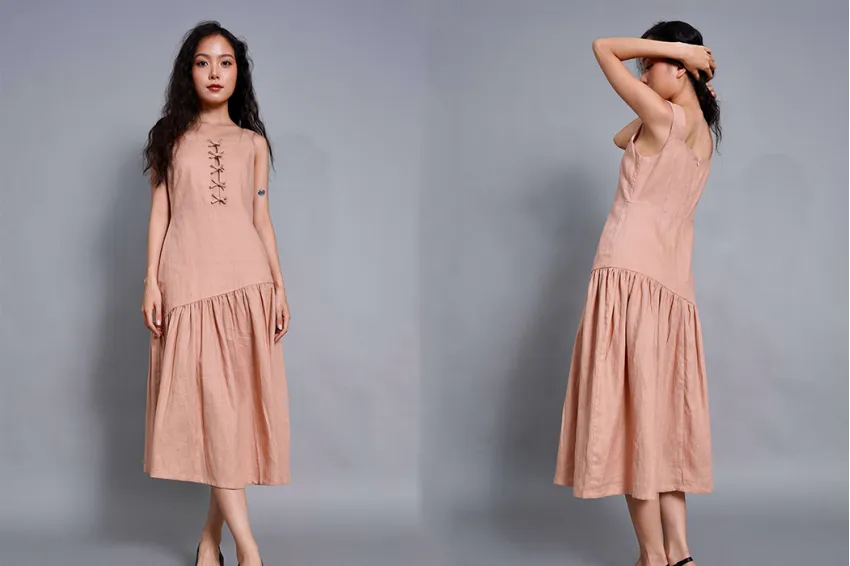 Đầm Hai Dây Kair (Hồng Đậu) Linen Nguyên Chất