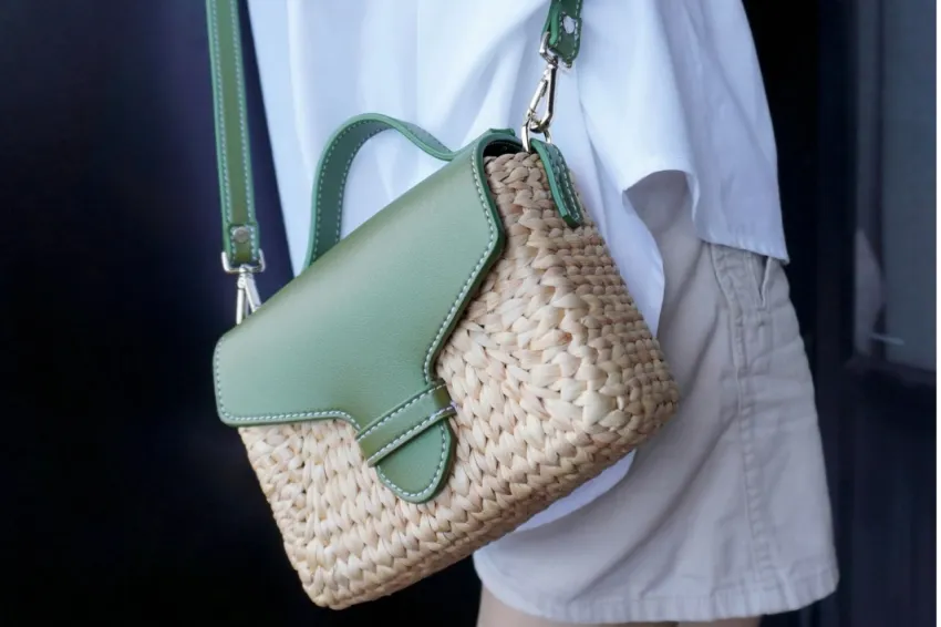 Small Little Joy Ver.2 Water Hyacinth Bag, Green Leather Strap Bag, Carry Essentials In Style, Natural Elegance Meets Modern Luxury, Personalized Gift