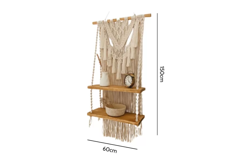 Two-Tier Macrame Wall Hanging Shelf, Vintage-inspired, High Durability, Elegant and Unique Design, Suitable for Various Spaces