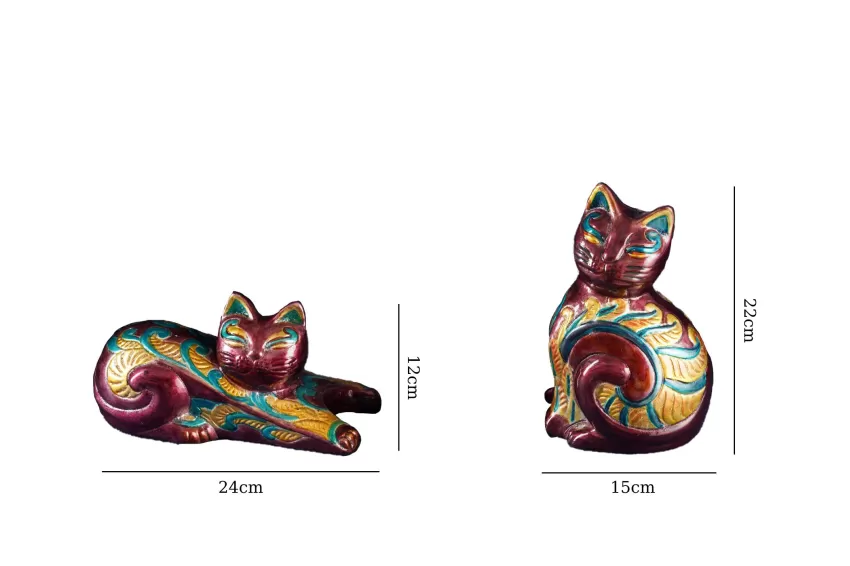 Lacquered Cat Ceramic Figurine With Flower Carvings
