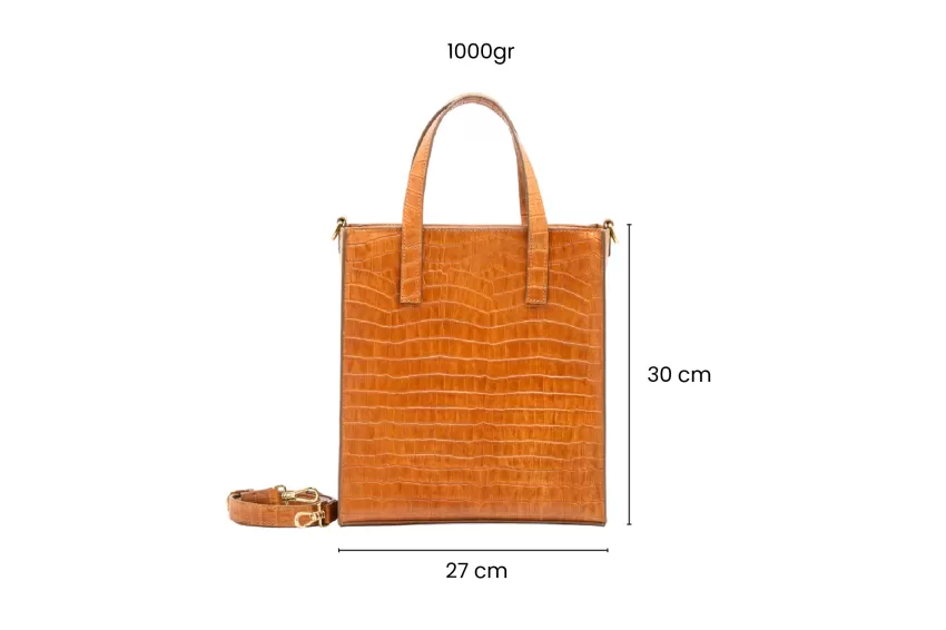 Brown Lily Bag, Crocodile Embossed Leather Bag, Beautiful Embossed Crocodile Pattern, Sturdy Angular Design, Elegant And Stylish