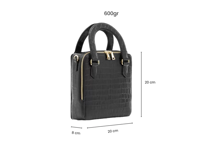 Black Maya Bag, Square Crocodile Embossed Leather Bag, Square-Shaped Bag, Genuine Leather Material, Natural Matte Shine