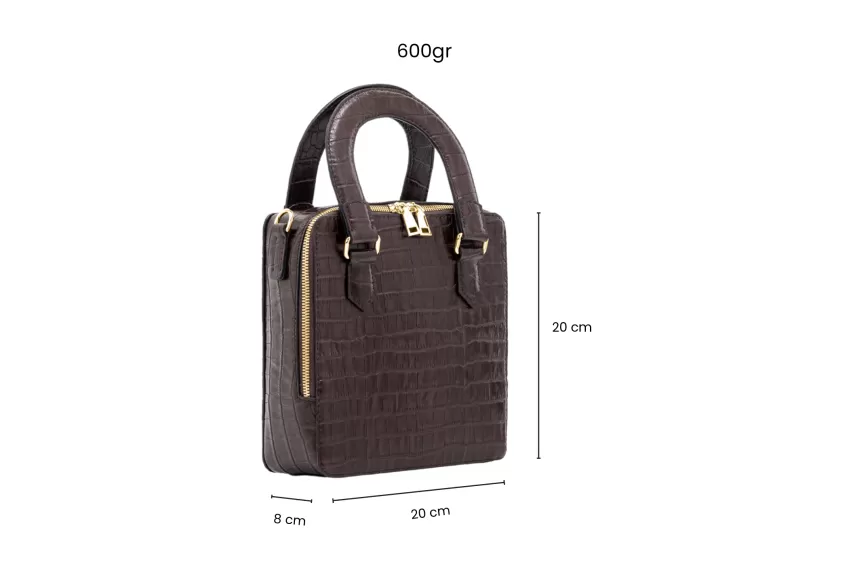 Dark Brown Maya Square Crocodile Embossed Leather Bag, Vertical Standing Leather Bag, Spacious Enough For A Laptop