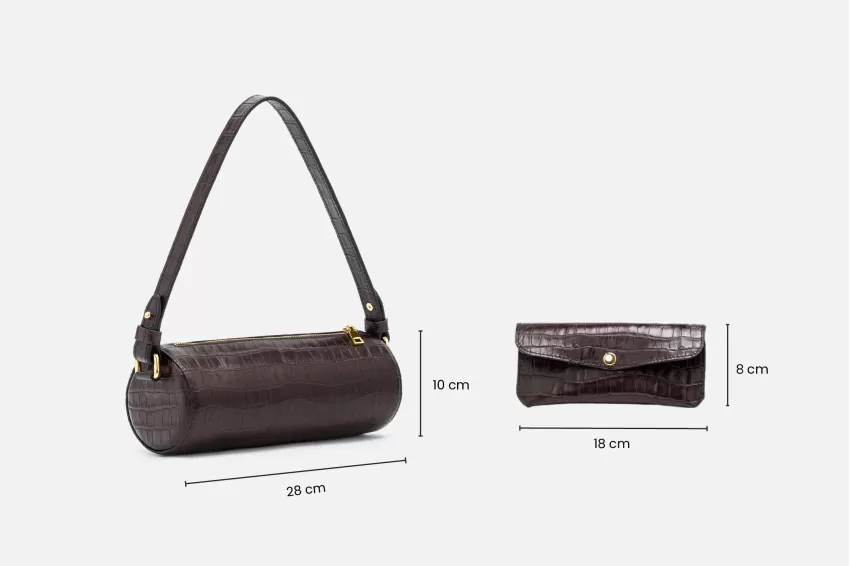 Dark Brown Romelo Bag, Crocodile Embossed Leather Bag With Leather Wallet, Cylindrical Eye-Catching Bag, Modern And Elegant Style