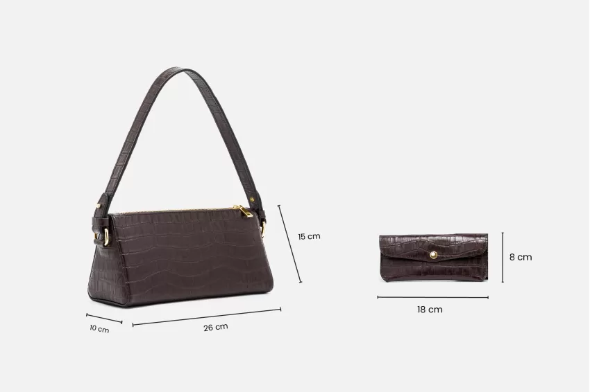 Dark Brown Cindy Crocodile Embossed Leather Bag & Leather Wallet Set, Contemporary Design, Minimalist And Elegant Style