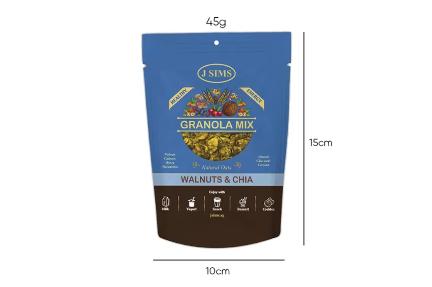 Walnut And Chia Seeds Granola Mix, 45g Mini Bag, Heart-Healthy Food, Premium Nuts, Energy-Boosting Breakfast