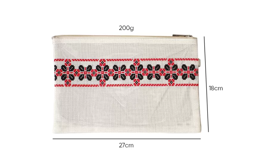 White Clutch With Embroidered Petals, Fashionable Clutch Design, Durable Textilene Material, Embroidered Flower Wings Pattern